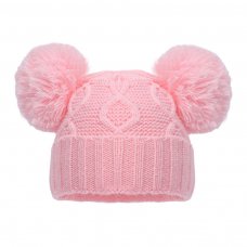 H660-BP: Baby Pink Chain Knit Hat w/Pom Poms (0-12m)